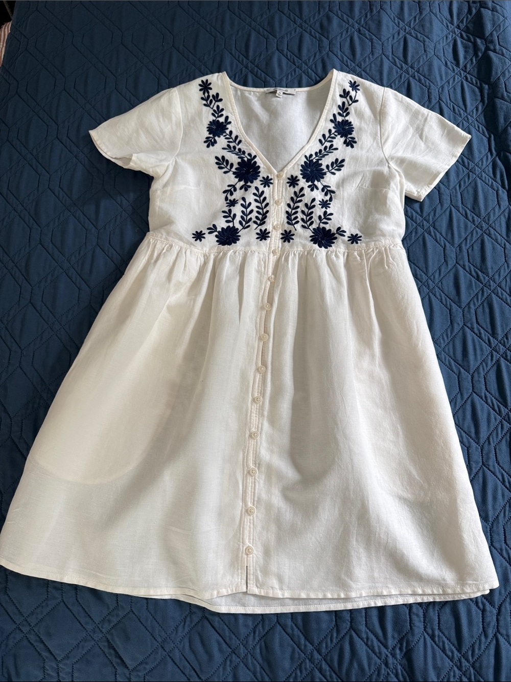 Madewell White Button-Front Dress with Navy Floral Embroidery